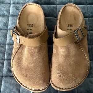 Birkenstock Tan Suede Buckle Mules